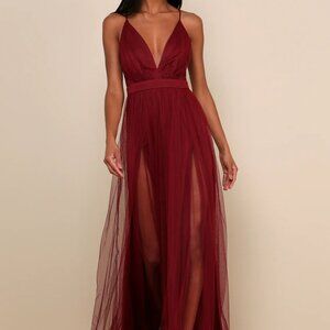 Lulus Rare Beauty Burgundy Tulle Backless Maxi Dress, L